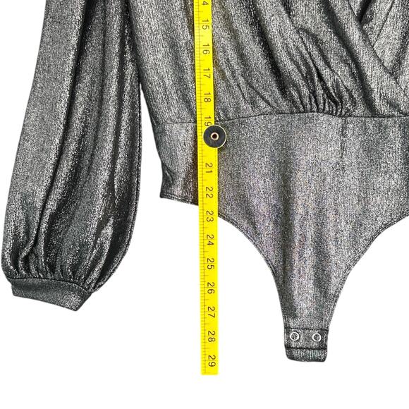 Express Silver Long Sleeves Shimmer Puff Shoulder Detail Wrap Bodysuit Small - Picture 6 of 6